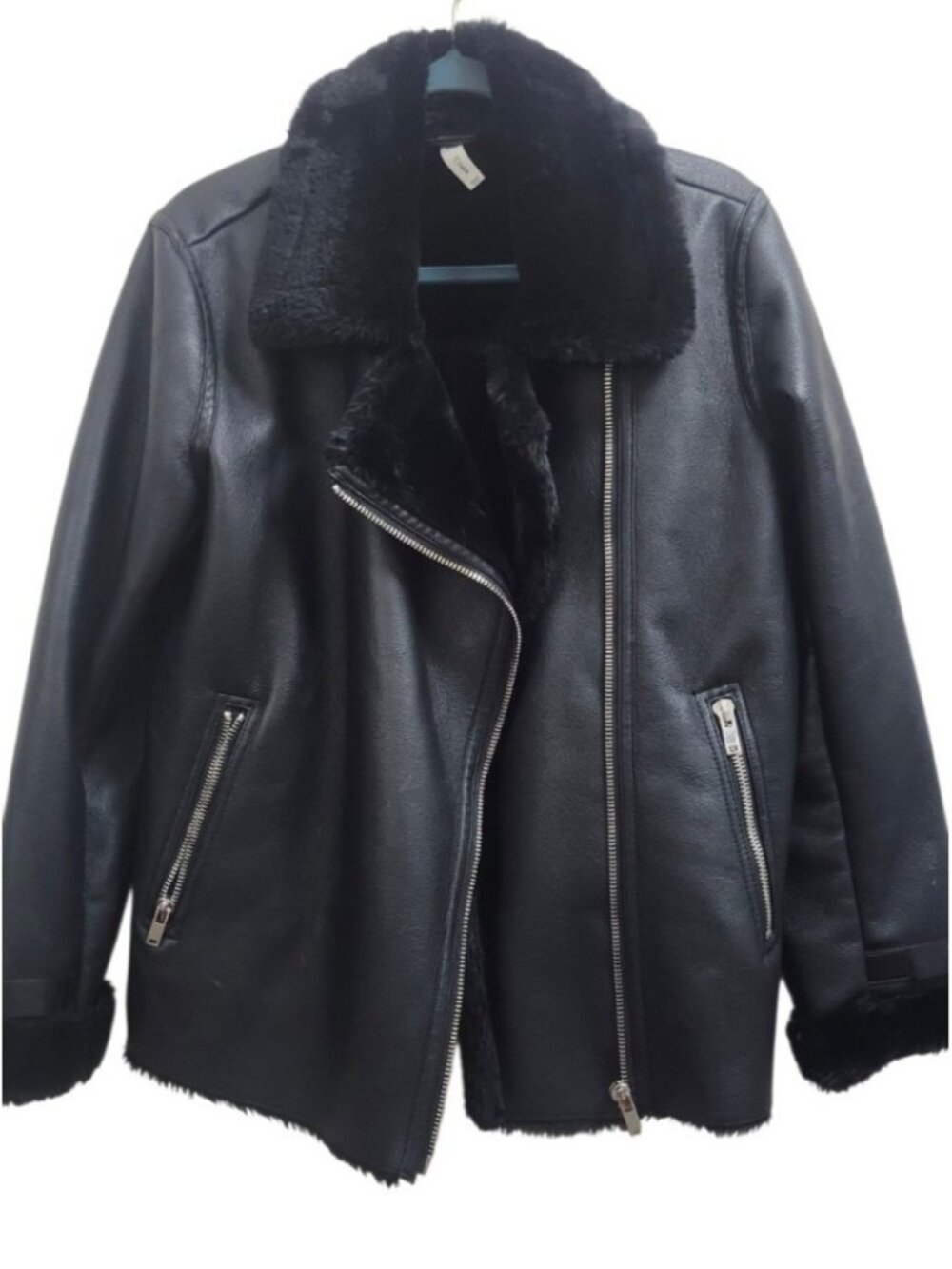 MNG Mango Faux Shearling Moto Jacket M Black Faux Leather Asymmetric Zip Biker - Picture 4 of 14